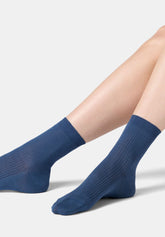Ankle Sock in Scottish Lisle Fine Rib - Blue Denim - Jeans | Oroblù