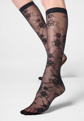 Pure Lace 20 Floral Sheer Knee-Highs - Black - Black | Oroblù