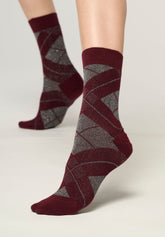 Shine Check Warm-Cotton Short Socks - Bordeaux 11 - Bordeaux 11 | Oroblù
