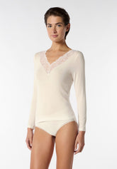 Maglia Scollo V Manica Lunga in Modal e Cashmere con Pizzo Perfect Cashmere - Avorio - Ivory | Oroblù