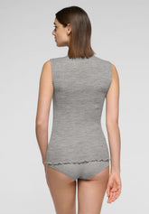 Sleeveless Ribbed Mock-Neck Top Silk Wool - Grey Melange - Grey melange | Oroblù