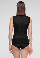 Sleeveless Ribbed Mock-Neck Top Silk Wool - Black - Black | Oroblù