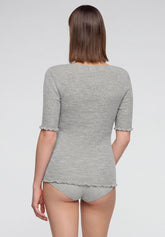 Haut côtelé à manches courtes en Laine et Soie Silk Wool - Gris Chiné - Grey melange | Oroblù