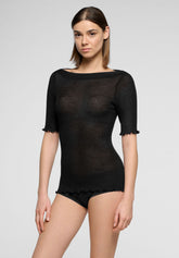 Maglia Mezza Manica a Costine in Lana e Seta Silk Wool - Nero - Black | Oroblù