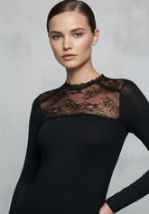 Carré Lace Long Sleeve Sweater in Modal and Cashmere Perfect Line Cashmere Lace - Black - Black | Oroblù
