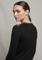 Carré Lace Long Sleeve Sweater in Modal and Cashmere Perfect Line Cashmere Lace - Black - Black | Oroblù