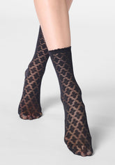 Semi-sheer Socks with Macramé Lace effect - Black - Black | Oroblù