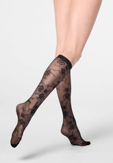 Pure Lace 20 Floral Sheer Knee-Highs - Black - Black | Oroblù