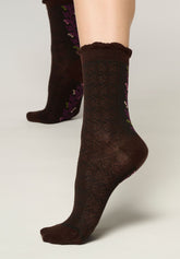 Floral Band Cotton Ankle Socks - Chocolate - Chocolate | Oroblù
