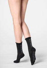 Floral Band Cotton Ankle Socks - Black - Black | Oroblù