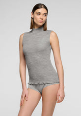 Sleeveless Ribbed Mock-Neck Top Silk Wool - Grey Melange - Grey melange | Oroblù