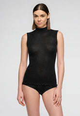 Sleeveless Ribbed Mock-Neck Top Silk Wool - Black - Black | Oroblù
