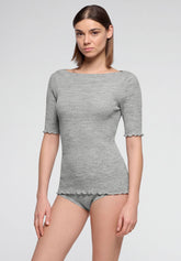 Haut côtelé à manches courtes en Laine et Soie Silk Wool - Gris Chiné - Grey melange | Oroblù