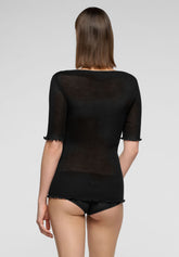 Maglia Mezza Manica a Costine in Lana e Seta Silk Wool - Nero - Black | Oroblù