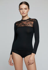 Carré Lace Long Sleeve Sweater in Modal and Cashmere Perfect Line Cashmere Lace - Black - Black | Oroblù